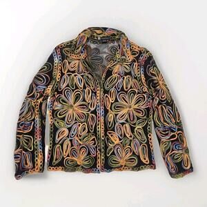 Vtg Casual Studio Multicolor Floral Embroidered Sheer Black Mesh Zip Up Jacket L
